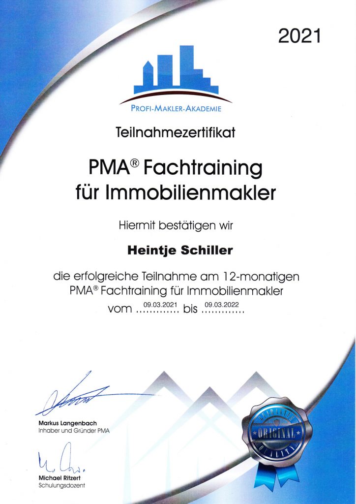 PMA Fachtraining Schiller Immobilien Urkunde 1